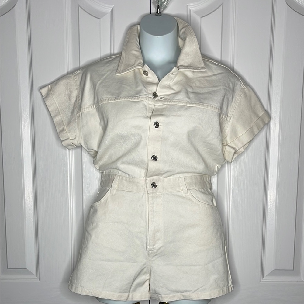 NWT Zara Off White Denim Button-Up Short Sleeve Romper